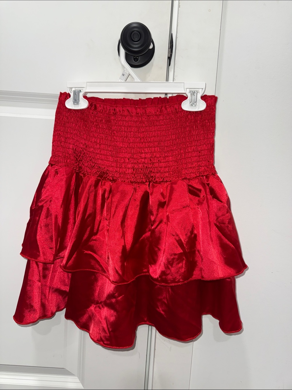 SHEIN Red Satin Smocked Tiered Mini Skirt